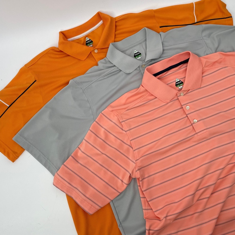 Lot Of 3 Bolle Golf Tech Men L Short Sleeve Polo Shirts Orange Grey Coral Stripe